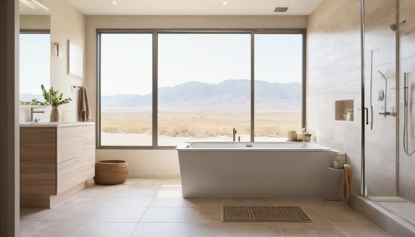 A smiling homeowner looking over a walk-in tub in a bright Kissimmee bathroom