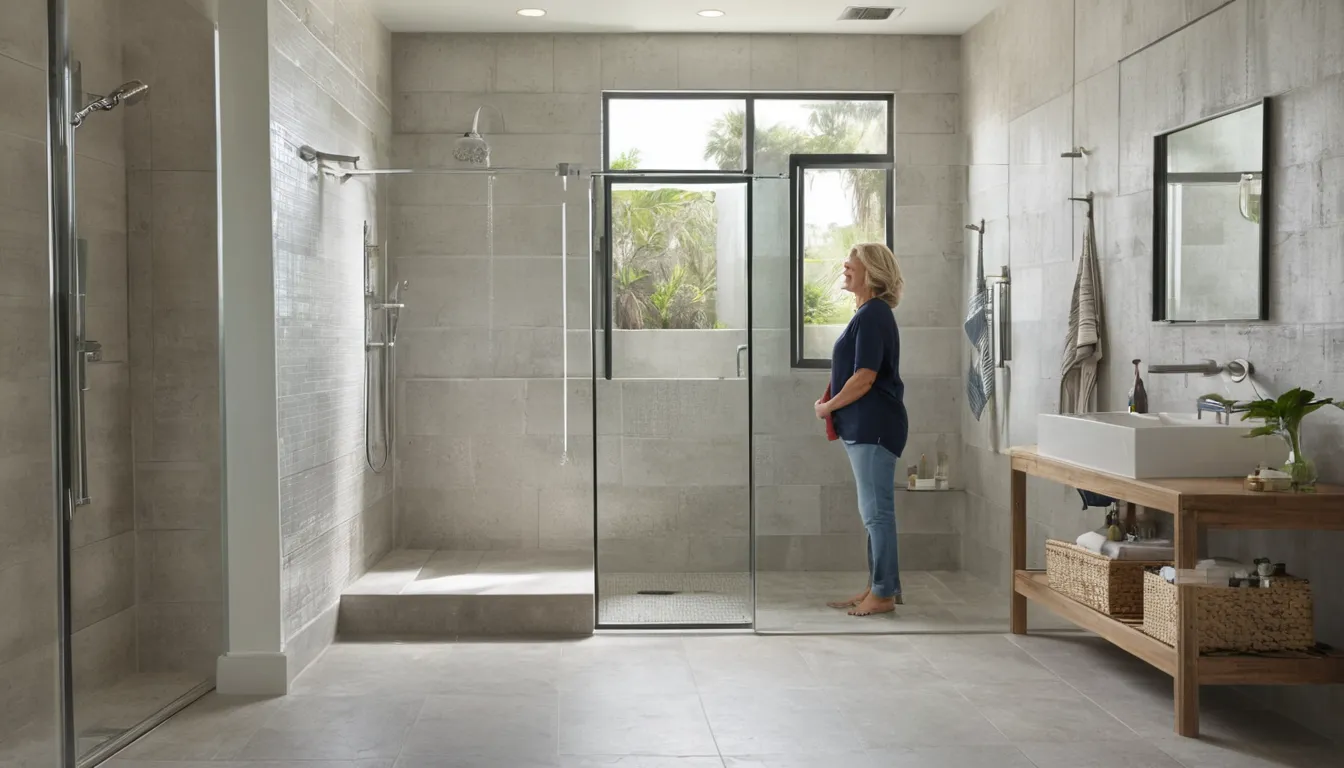Newly converted low-step walk-in shower in a bright bathroom of a home in Kissimmee